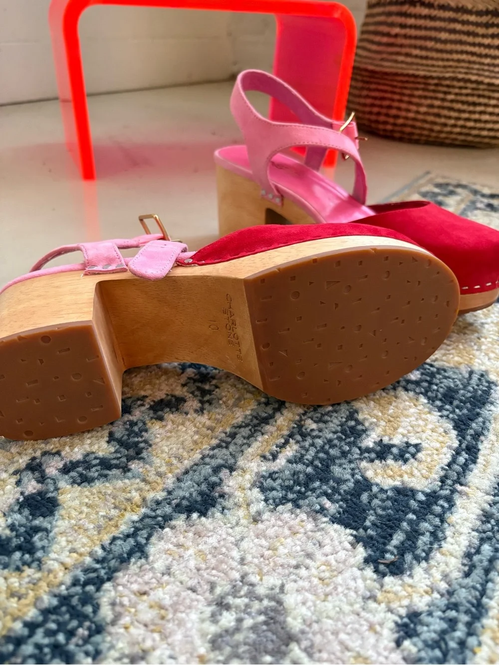 Pink & Red Suede Platform Sandals by Charlotte Stone